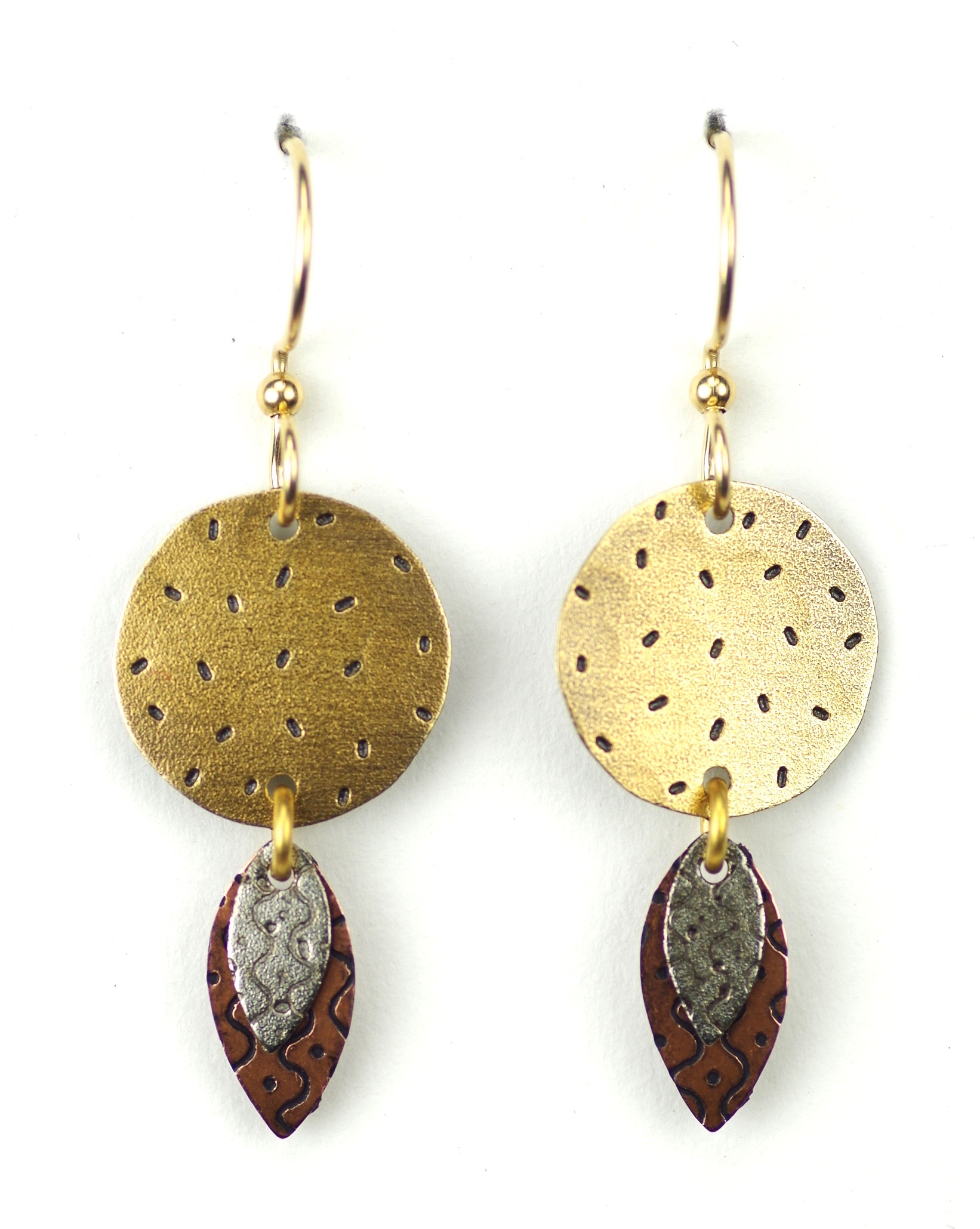 7680 Large Gold Circle With Silver & Copper Dangles